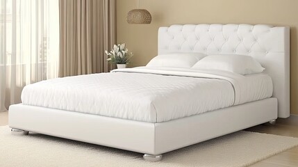 A spacious bedroom features a large bed with a beige and white palette, vertical wooden wall strips, and a textured carpet, receiving warm sunlight through sheer curtains