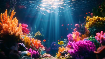 Fototapeta premium Underwater Coral Reef with Colorful Fish and Sunbeams