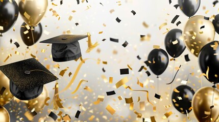 Graduation Celebration with Black and Gold Balloons and Confetti