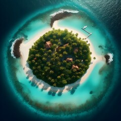 Aerial View of a Tropical Island Surrounded by Turquoise Waters