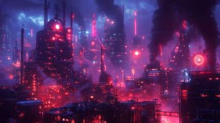 Fototapeta premium Cyberpunk Cityscape with Glowing Lights and Smoke