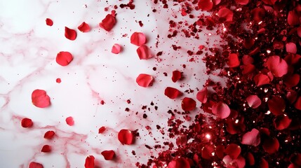 Abstract marble surface with rose petals scattered randomly, soft focus, pastel pink and red tones, ethereal and romantic, watercolor illustration, dreamy effect.