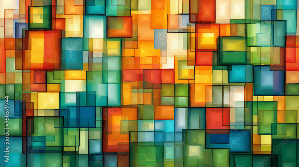 Poster colorful abstract arrangement of squares and rectangles in vibrant hues creating a dynamic backgroun