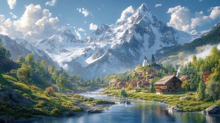 Fototapeta premium Idyllic Mountain Village River Scene with Snowcapped Peaks