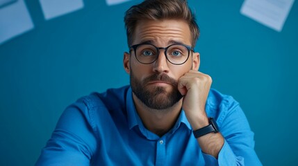 A thoughtful man with glasses rests his head on his hand, appearing deep in contemplation.
