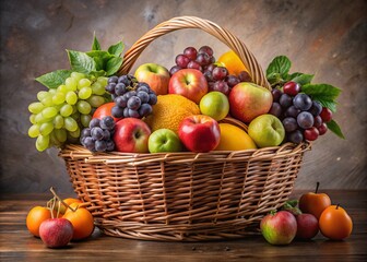 A vibrant wicker basket overflows with a colorful arrangement of fresh seasonal fruits, including apples, bananas,