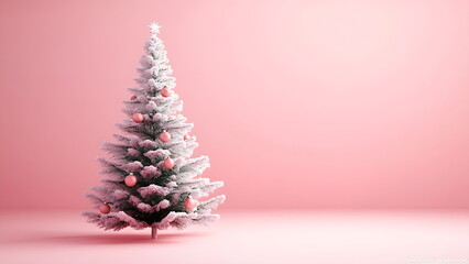 A Christmas tree with pink ornaments on a pink background with copy space