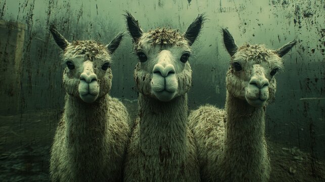 Three Alpaca Portrait in Green Grunge Background - Powered by Adobe