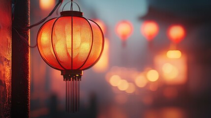 Red Chinese Lantern Hanging in a Foggy Street at Dusk