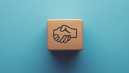 Wooden Block with Handshake Icon on a Blue Background