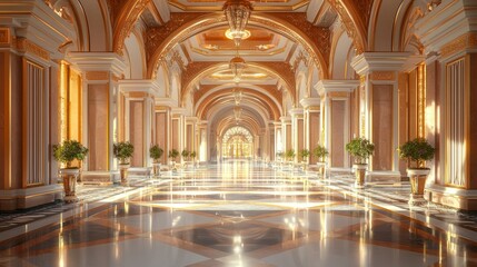 Obraz premium Grand Palace Hallway with Gold Accents and Marble Floor