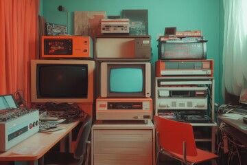 A vibrant retro tech haven filled with nostalgic gadgets and colored lights that evoke memories of a bygone era of innovation and creativity.