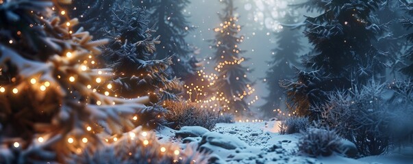 Snowy pine trees with twinkling lights at night, 4K hyperrealistic photo
