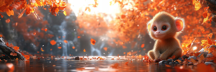 Cute Little Monkey Admires Magical Autumn Forest With Orange Leaves And Tranquil Waterfall Creating A Serene And Whimsical Ambience