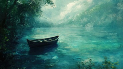 Fototapeta premium A Rowboat Moored on a Still, Misty Lake