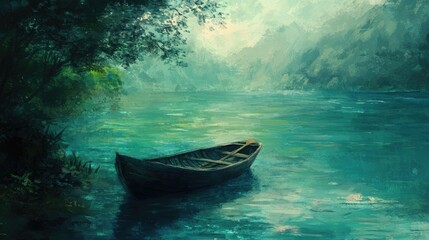 Fototapeta premium A Single Rowboat Moored on a Tranquil Lake Surrounded by Lush Foliage and Mountains