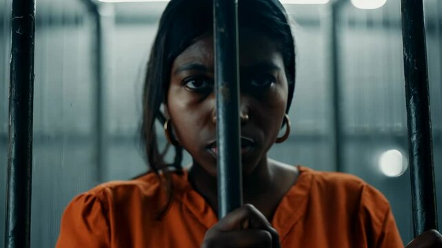 A young African American female prisoner in an orange uniform against a background of metal bars looks at the camera. The criminal serves his sentence in a prison cell. FHD video.