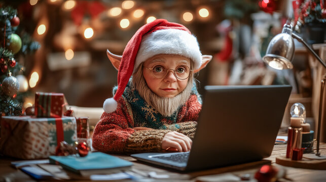 Christmas elf wearing a santa hat using a laptop and surrounded by christmas decorations in santa's workshop, taking orders - Powered by Adobe