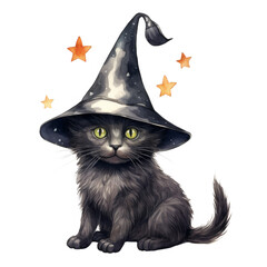 Cute Black Cat with Witch Hat Isolated on a Transparent Background