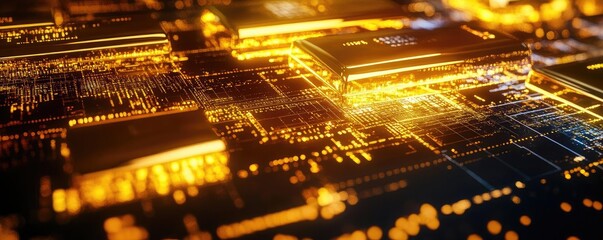 Futuristic circuit board design with vibrant golden light and intricate details, ideal for technology and innovation themes.