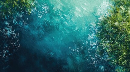 Obraz premium Lush Green Foliage Above Tranquil Blue Water