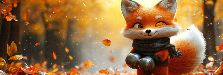 Fototapeta premium Adorable orange fox sitting in autumn forest with falling leaves, wearing clothes, vibrant colors, enchanting background, joyful and whimsical mood