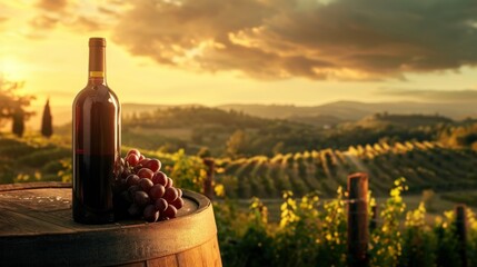 A wine bottle sits atop a wooden barrel in a vineyard