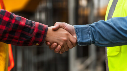 Fototapeta premium Close-up of two construction workers shaking hands at a job site, symbolizing agreement, teamwork, and successful collaboration in a construction setting. 