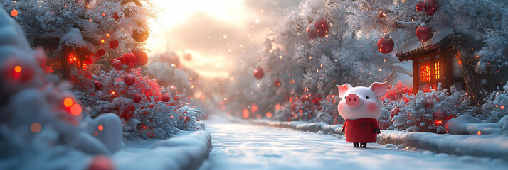 Adorable piglet exploring a snow-covered path lit by warm lanterns, enchanting winter scene, festive and cozy festive holiday atmosphere