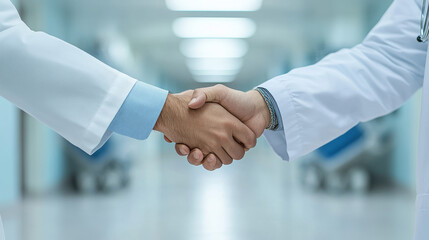 Close-up of two doctors shaking hands in a hospital corridor, symbolizing medical collaboration, teamwork, and trust in healthcare.
