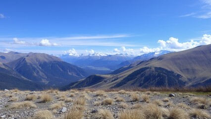 A view of rolling mountains on a bright day.