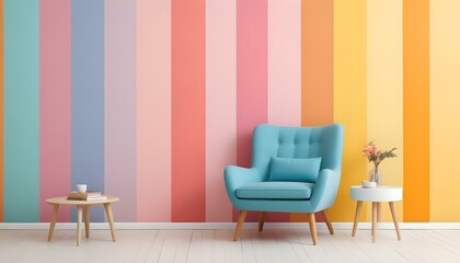 A teal blue armchair with wooden legs in front of a colorful striped wall in pastel shades of pink, orange, and yellow.
