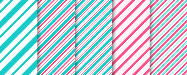 Fototapeta premium Peppermint candy cane seamless patterns set. Striped diagonal backgrounds.