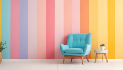 A teal blue armchair with wooden legs in front of a colorful striped wall in pastel shades of pink, orange, and yellow.