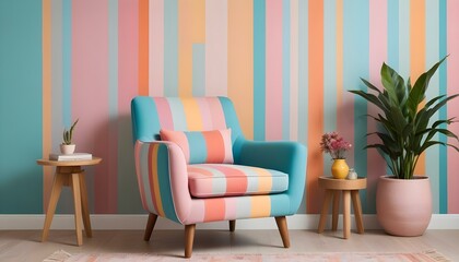 A teal blue armchair with wooden legs in front of a colorful striped wall in pastel shades of pink, orange, and yellow.