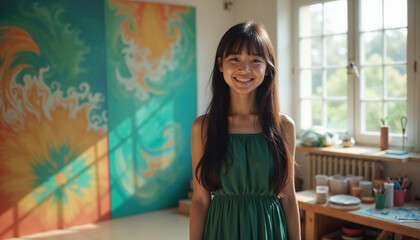 Fototapeta premium A young Asian girl with long dark hair wearing a green dress, smiling in front of a colorful abstract painting on the wall