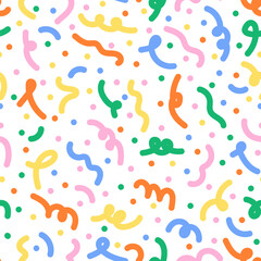 Multicolored confetti and ribbons seamless pattern. Funny party colorful doodle background.