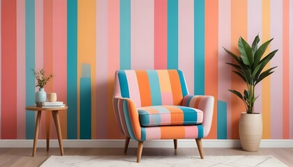 A teal blue armchair with wooden legs in front of a colorful striped wall in pastel shades of pink, orange, and yellow.
