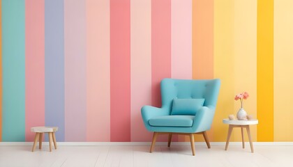 A teal blue armchair with wooden legs in front of a colorful striped wall in pastel shades of pink, orange, and yellow.