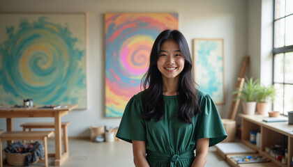 A young asian woman with long dark hair wearing a green dress, smiling in front of colorful abstract paintings on the wall