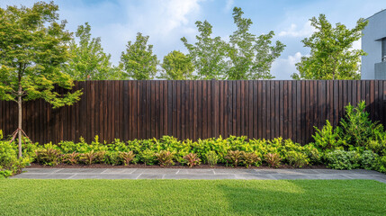 A neatly landscaped backyard featuring a tall wooden fence, lush green plants, manicured lawn, and trees under a clear sky.
