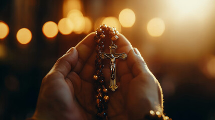 Close-up of hands holding rosary beads with a crucifix, illuminated by warm light, symbolizing prayer, faith, and devotion.
