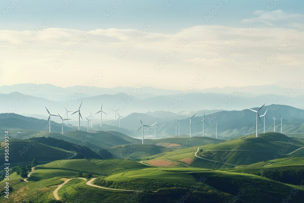 Wall mural panoramic view landscape outdoors windmill.