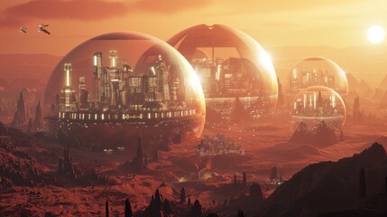 Obraz premium Futuristic Alien Cityscape with Domed Spheres and Mountainous Landscape under Vibrant Sunset Sky