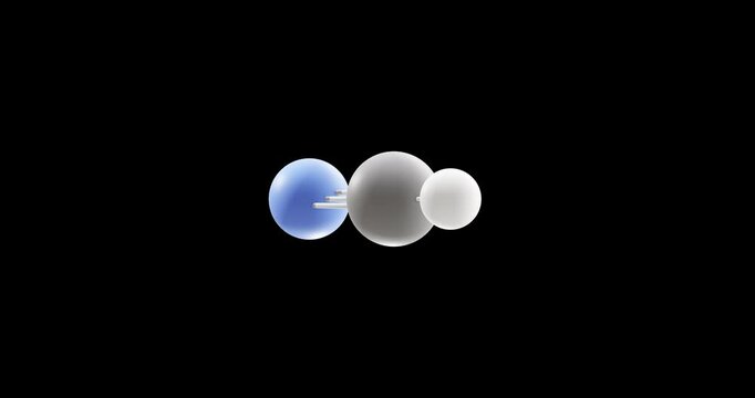 Hydrogen cyanide molecule, rotating 3D model of prussic acid, looped video on a black background