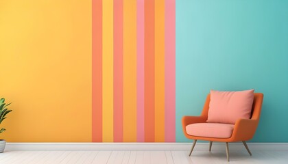 Colorful striped wall with an orange chair in the foreground.