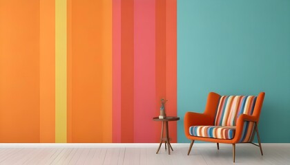 Colorful striped wall with an orange chair in the foreground.