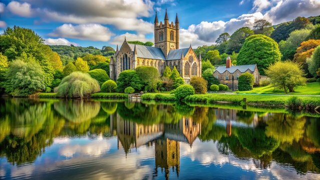 place of worship, landmark, Buckfast Abbey Church in Buckfastleigh Devon England Europe; a beautiful Gothic style church surrounded by lush greenery and reflecting in a serene lake