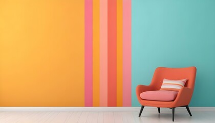 Colorful striped wall with an orange chair in the foreground.