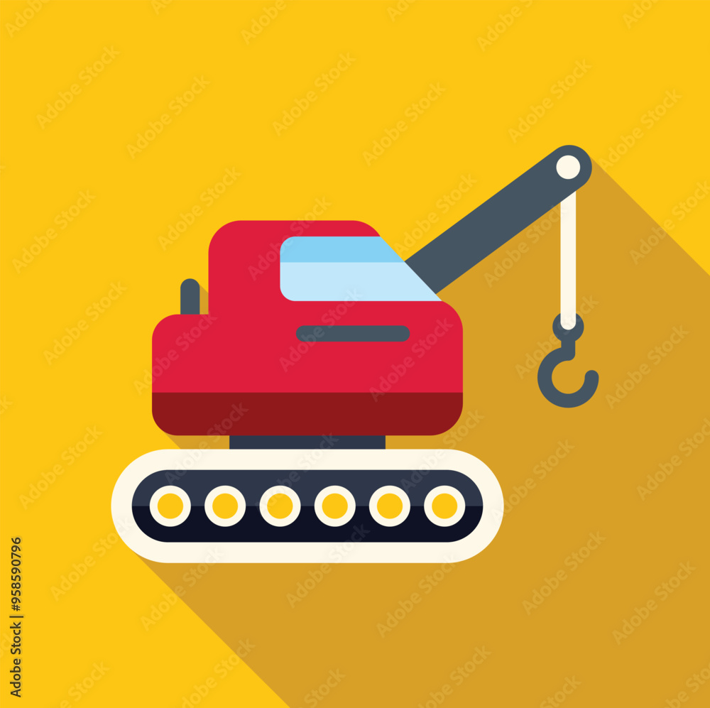 Sticker minimalist vector illustration of a red crawler crane lifting with its hook, on yellow background wi